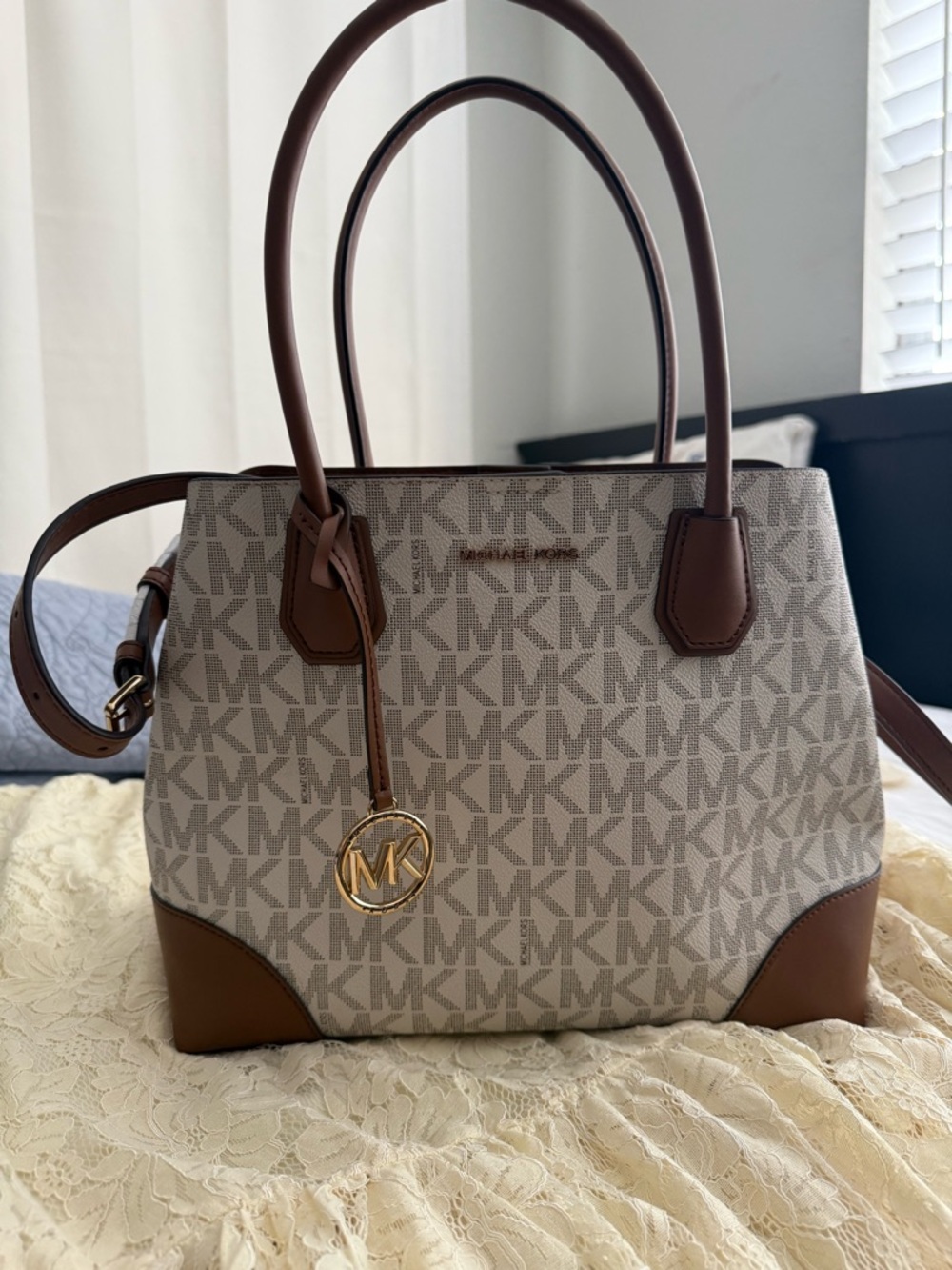 Michael Kors Beige Monogram Satchel with Brown Trim